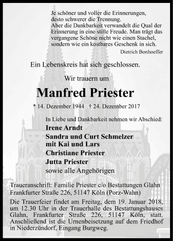 Anzeige von Manfred Priester von Kölner Stadt-Anzeiger / Kölnische Rundschau / Express