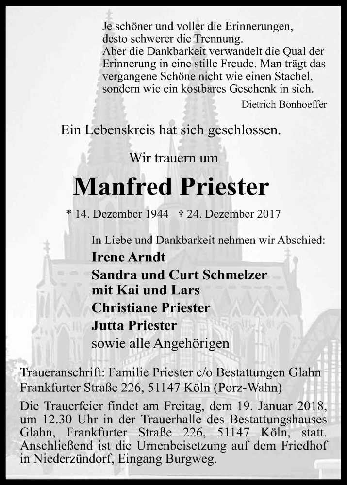  Traueranzeige für Manfred Priester vom 13.01.2018 aus Kölner Stadt-Anzeiger / Kölnische Rundschau / Express