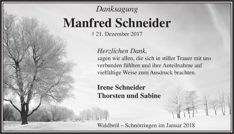  Traueranzeige für Manfred Schneider vom 10.01.2018 aus  Lokalanzeiger 