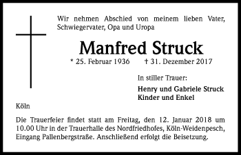 Anzeige von Manfred Struck von Kölner Stadt-Anzeiger / Kölnische Rundschau / Express