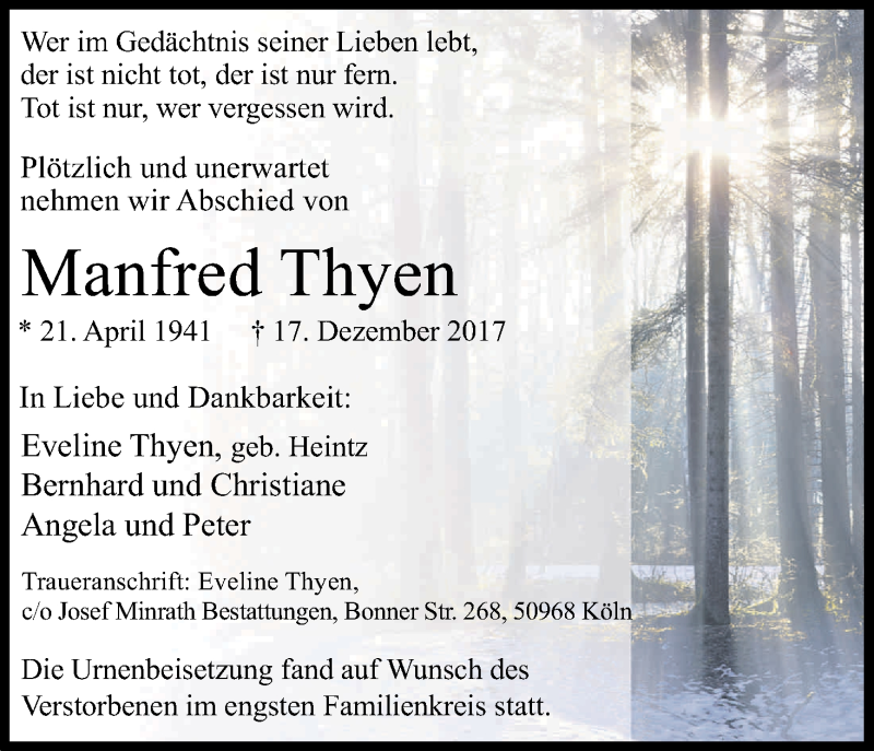  Traueranzeige für Manfred Thyen vom 12.01.2018 aus Kölner Stadt-Anzeiger / Kölnische Rundschau / Express