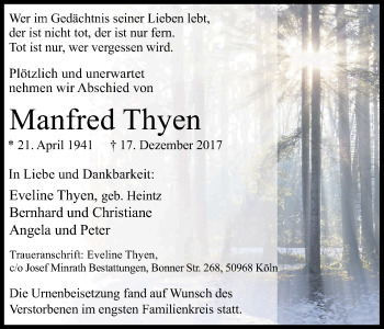 Anzeige von Manfred Thyen von Kölner Stadt-Anzeiger / Kölnische Rundschau / Express