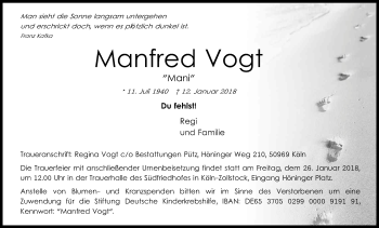 Anzeige von Manfred Vogt von Kölner Stadt-Anzeiger / Kölnische Rundschau / Express
