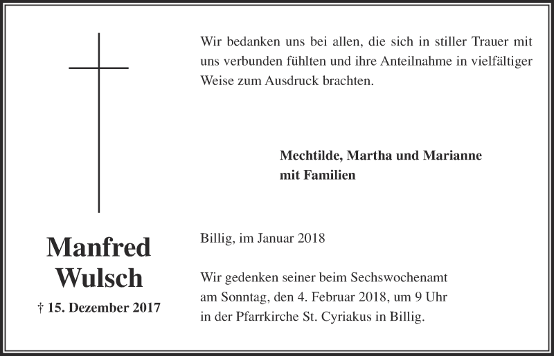  Traueranzeige für Manfred Wulsch vom 27.01.2018 aus  Blickpunkt Euskirchen 