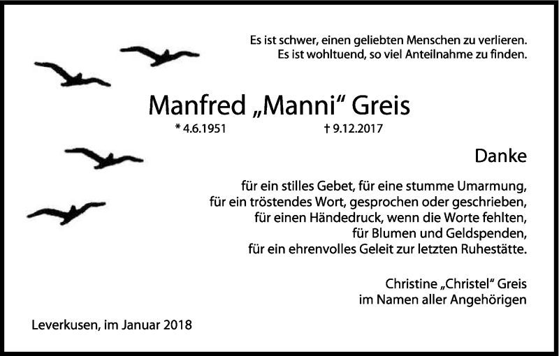  Traueranzeige für Manfred Manni Greis vom 13.01.2018 aus Kölner Stadt-Anzeiger / Kölnische Rundschau / Express