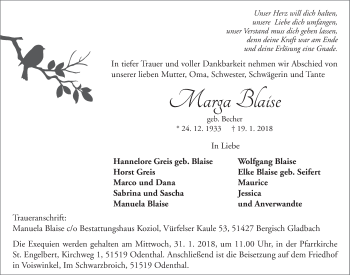 Anzeige von Marga Blaise von  Bergisches Handelsblatt 