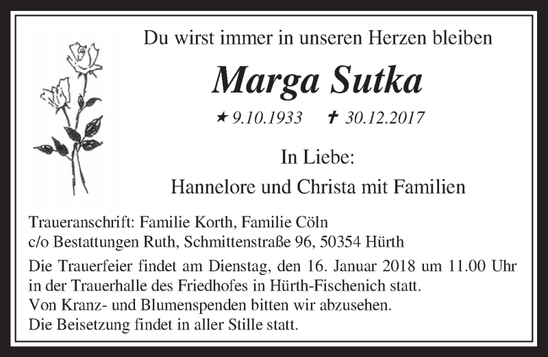  Traueranzeige für Marga Sutka vom 10.01.2018 aus  Wochenende 