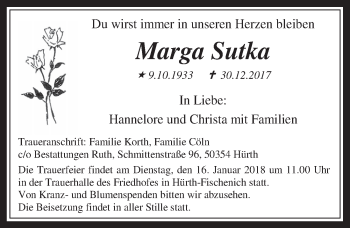 Anzeige von Marga Sutka von  Wochenende 