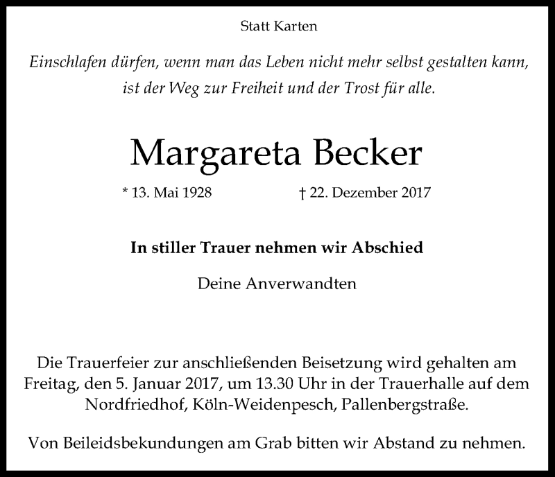  Traueranzeige für Margareta Becker vom 03.01.2018 aus Kölner Stadt-Anzeiger / Kölnische Rundschau / Express