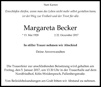 Anzeige von Margareta Becker von Kölner Stadt-Anzeiger / Kölnische Rundschau / Express