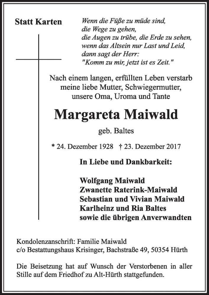  Traueranzeige für Margareta Maiwald vom 03.01.2018 aus  Wochenende 