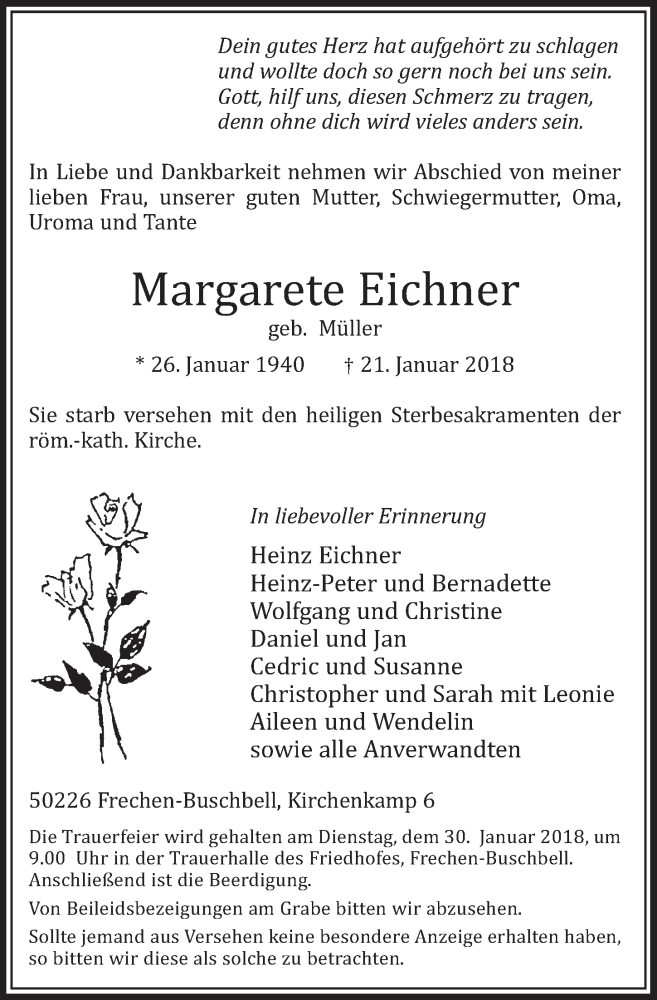  Traueranzeige für Margarete Eichner vom 27.01.2018 aus  Sonntags-Post 