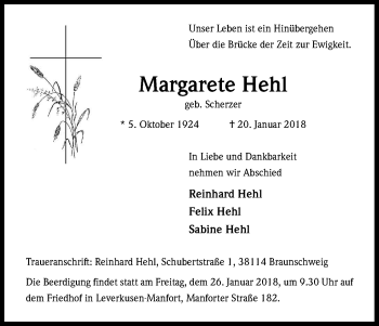 Anzeige von Margarete Hehl von Kölner Stadt-Anzeiger / Kölnische Rundschau / Express