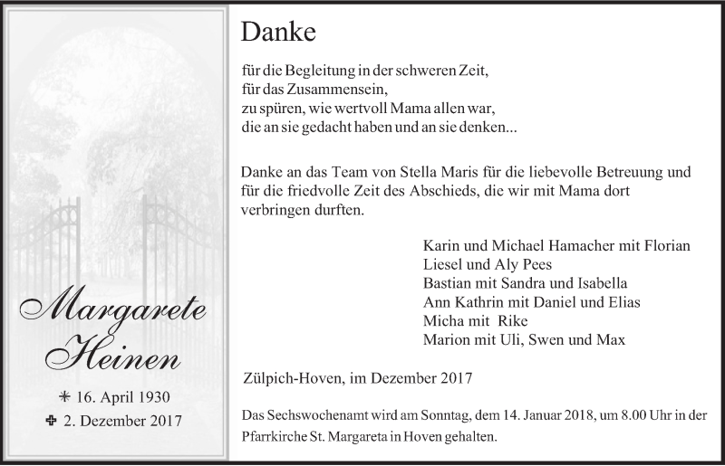  Traueranzeige für Margarete Heinen vom 06.01.2018 aus  Blickpunkt Euskirchen 