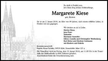 Anzeige von Margarete Kiese von Kölner Stadt-Anzeiger / Kölnische Rundschau / Express