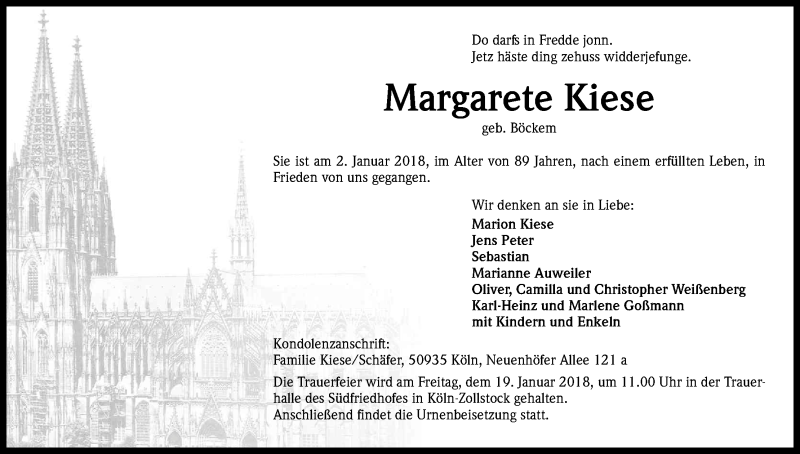 Traueranzeige für Margarete Kiese vom 13.01.2018 aus Kölner Stadt-Anzeiger / Kölnische Rundschau / Express