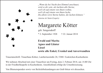 Anzeige von Margarete Kötter von  Blickpunkt Euskirchen 