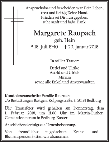 Anzeige von Margarete Raupach von  Sonntags-Post 