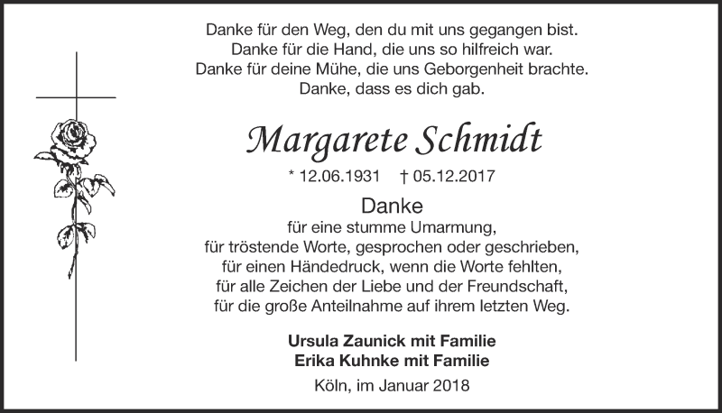  Traueranzeige für Margarete Schmidt vom 03.01.2018 aus  Kölner Wochenspiegel 