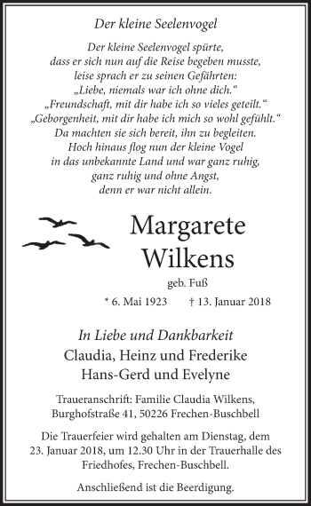 Anzeige von Margarete Wilkens von  Sonntags-Post 