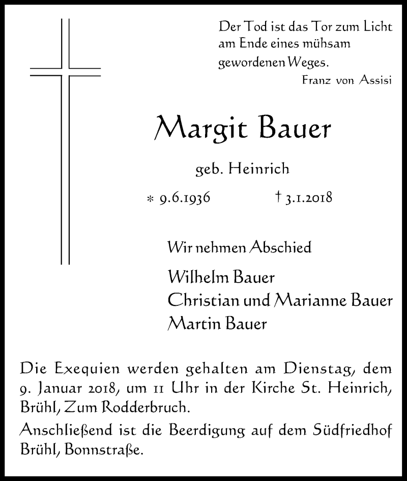  Traueranzeige für Margit Bauer vom 06.01.2018 aus Kölner Stadt-Anzeiger / Kölnische Rundschau / Express