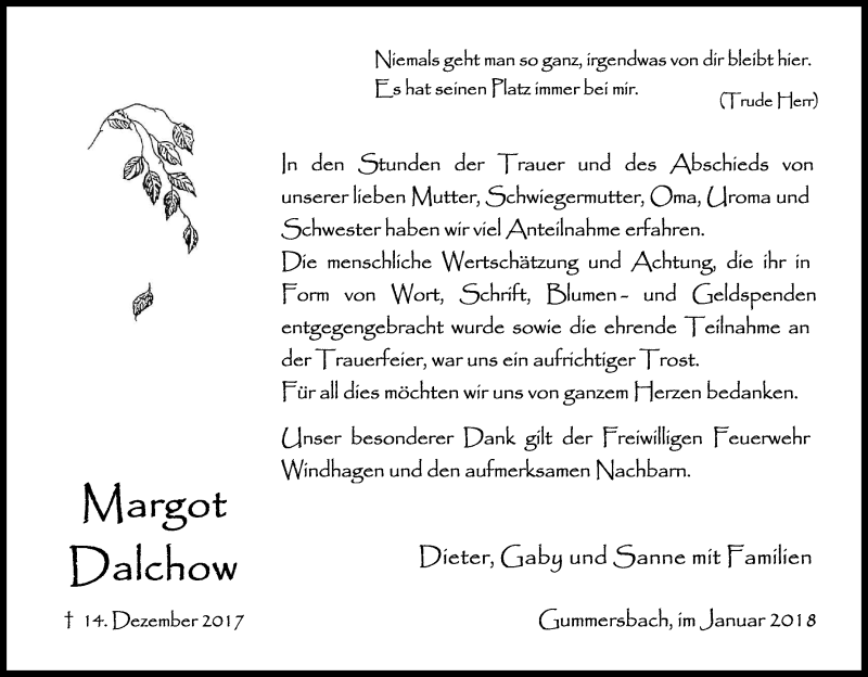  Traueranzeige für Margot Dalchow vom 27.01.2018 aus Kölner Stadt-Anzeiger / Kölnische Rundschau / Express
