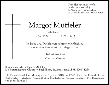 Anzeige von Margot Müffeler von Kölner Stadt-Anzeiger / Kölnische Rundschau / Express
