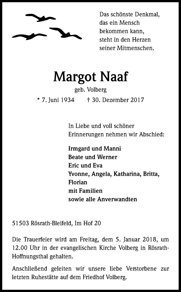  Traueranzeige für Margot Naaf vom 03.01.2018 aus Kölner Stadt-Anzeiger / Kölnische Rundschau / Express