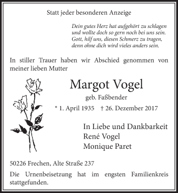 Anzeige von Margot Vogel von  Sonntags-Post 