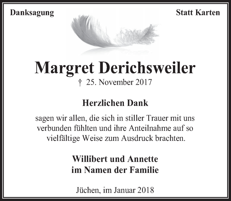  Traueranzeige für Margret Derichsweiler vom 17.01.2018 aus  Wochenende 