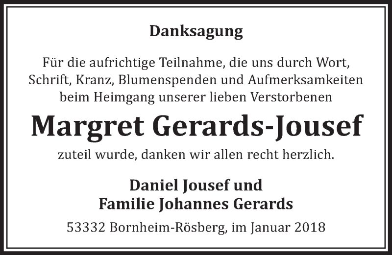  Traueranzeige für Margret Gerards-Jousef vom 03.01.2018 aus  Schlossbote/Werbekurier 