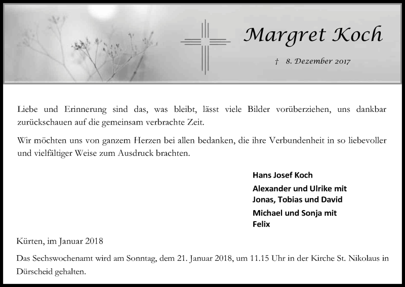  Traueranzeige für Margret Koch vom 13.01.2018 aus Kölner Stadt-Anzeiger / Kölnische Rundschau / Express