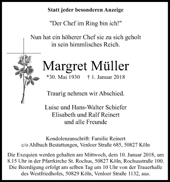 Anzeige von Margret Müller von Kölner Stadt-Anzeiger / Kölnische Rundschau / Express