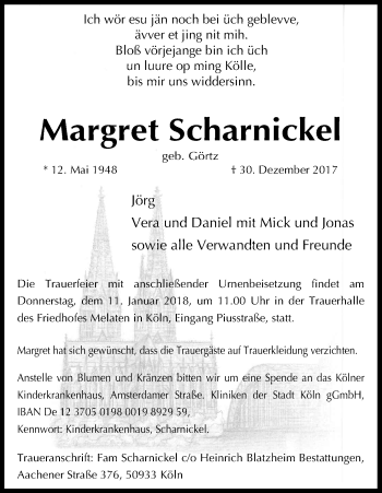 Anzeige von Margret Scharnickel von Kölner Stadt-Anzeiger / Kölnische Rundschau / Express