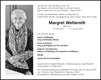 Anzeige von Margret Welteroth von Kölner Stadt-Anzeiger / Kölnische Rundschau / Express