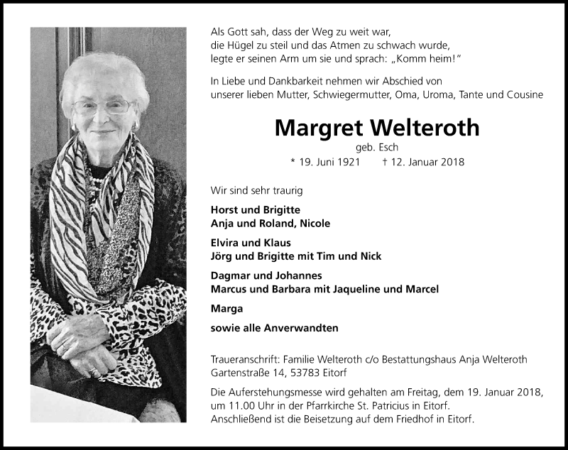  Traueranzeige für Margret Welteroth vom 16.01.2018 aus Kölner Stadt-Anzeiger / Kölnische Rundschau / Express