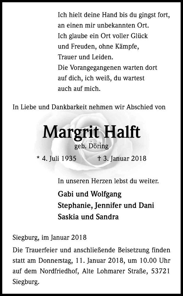  Traueranzeige für Margrit Halft vom 06.01.2018 aus Kölner Stadt-Anzeiger / Kölnische Rundschau / Express