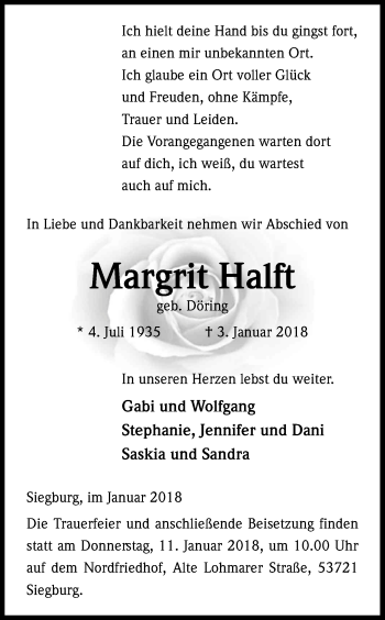 Anzeige von Margrit Halft von Kölner Stadt-Anzeiger / Kölnische Rundschau / Express