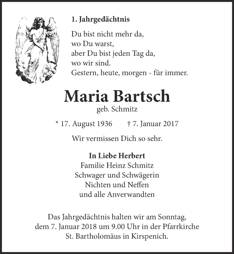  Traueranzeige für Maria Bartsch vom 06.01.2018 aus  Blickpunkt Euskirchen 