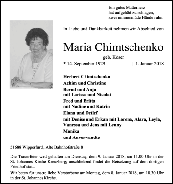 Anzeige von Maria Chimtschenko von Kölner Stadt-Anzeiger / Kölnische Rundschau / Express