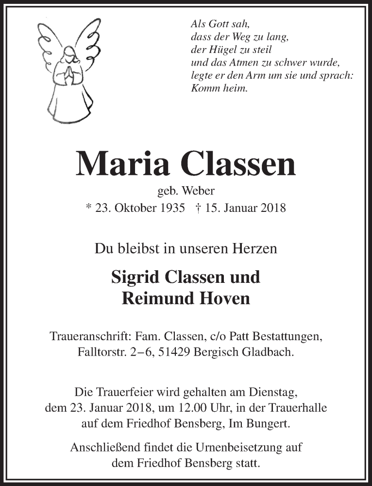  Traueranzeige für Maria Classen vom 20.01.2018 aus  Bergisches Sonntagsblatt 