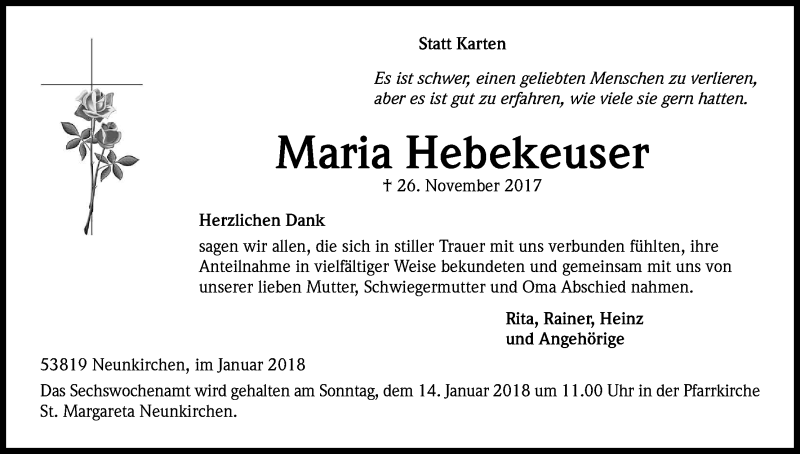  Traueranzeige für Maria Hebekeuser vom 12.01.2018 aus Kölner Stadt-Anzeiger / Kölnische Rundschau / Express