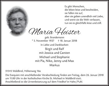 Anzeige von Maria Heister von  Lokalanzeiger 