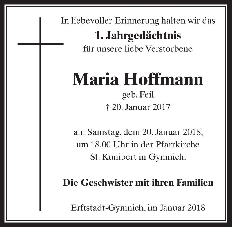  Traueranzeige für Maria Hoffmann vom 17.01.2018 aus  Werbepost 