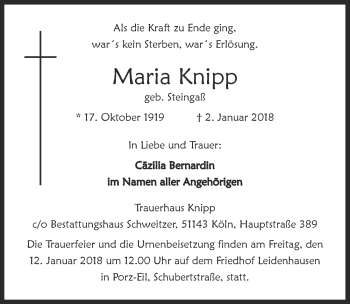 Anzeige von Maria Knipp von  Kölner Wochenspiegel 