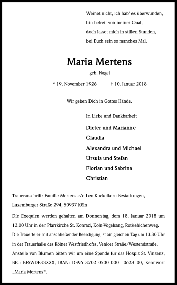 Anzeige von Maria Mertens von Kölner Stadt-Anzeiger / Kölnische Rundschau / Express