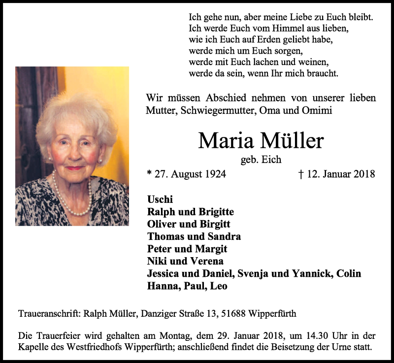  Traueranzeige für Maria Müller vom 19.01.2018 aus Kölner Stadt-Anzeiger / Kölnische Rundschau / Express