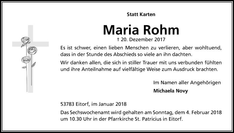  Traueranzeige für Maria Rohm vom 06.01.2018 aus Kölner Stadt-Anzeiger / Kölnische Rundschau / Express