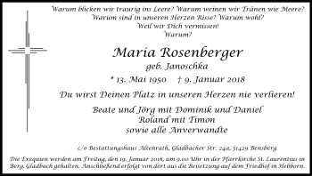 Anzeige von Maria Rosenberger von Kölner Stadt-Anzeiger / Kölnische Rundschau / Express