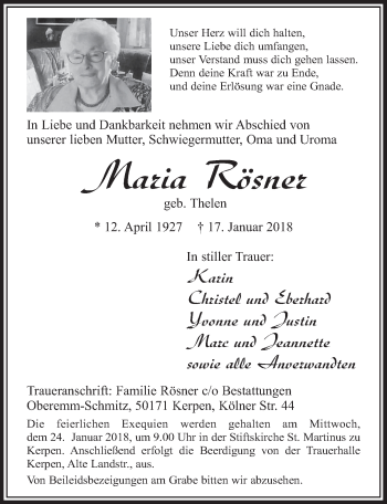 Anzeige von Maria Rösner von  Sonntags-Post 